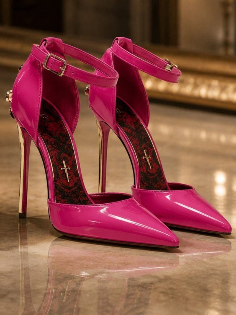 Hot Pink Elegant Women's Pointed Toe Stiletto Pumps with Ankle Strap